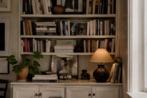 intimate close up lived bookshelf reading corner inside