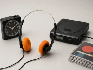 From the Walkman to Wired Headphones in 2026: Why This Audio Design Never Dies 3 Retro orange wired headphones with a compact CD player, mechanical desk clock, and stack of CDs on a minimalist background.