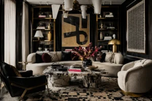 sophisticated maximalist living room featuring layered contemporary interior